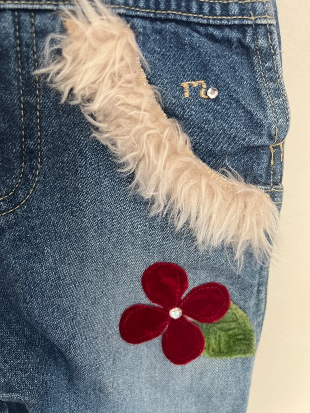 Vintage Kids  Denim Overalls with Red Floral Appliqués Old Store Stock​